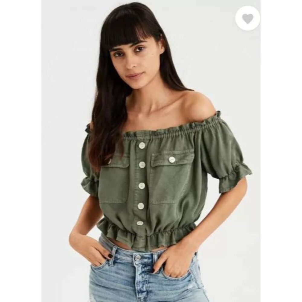 Arizona Jean‎ Co Womens Green Button-Up Off-Shoulder Crop Top Size S